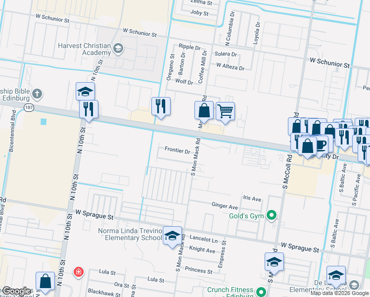 map of restaurants, bars, coffee shops, grocery stores, and more near 3638 Frontier Drive in Edinburg