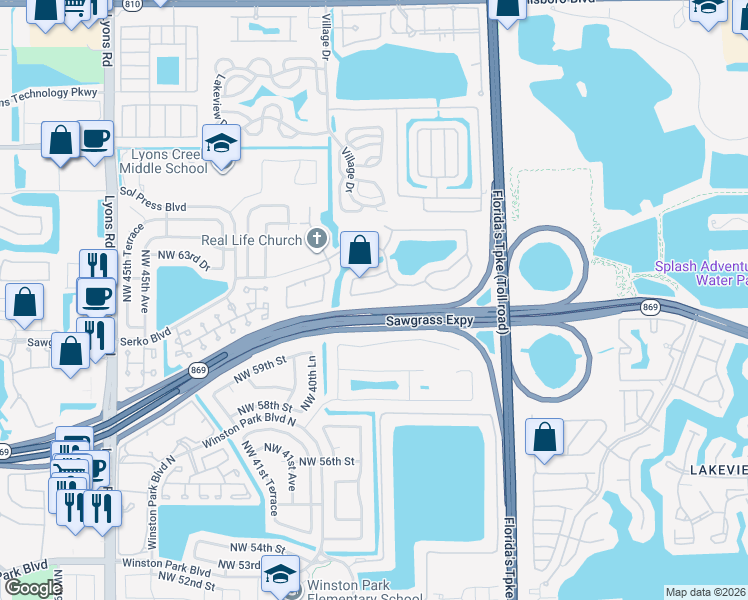 map of restaurants, bars, coffee shops, grocery stores, and more near 4034 Northwest 62nd Court in Coconut Creek