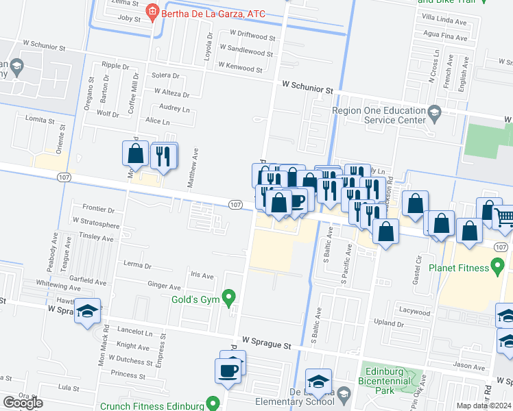 map of restaurants, bars, coffee shops, grocery stores, and more near 2901 West State Highway 107 in Edinburg