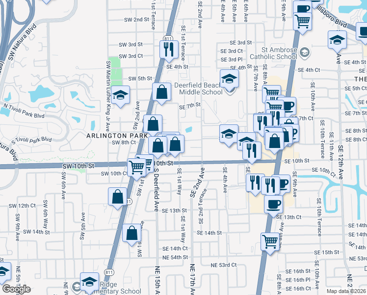 map of restaurants, bars, coffee shops, grocery stores, and more near 905 Southeast 1st Way in Deerfield Beach