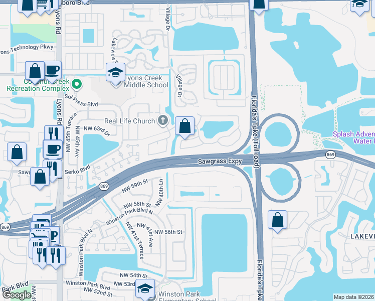 map of restaurants, bars, coffee shops, grocery stores, and more near 4034 Northwest 62nd Court in Coconut Creek