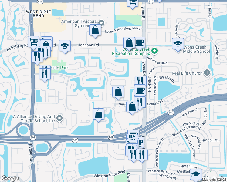 map of restaurants, bars, coffee shops, grocery stores, and more near 6077 Grand Cypress Circle West in Coconut Creek