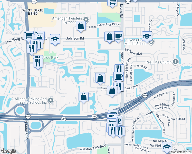 map of restaurants, bars, coffee shops, grocery stores, and more near 6077 Grand Cypress Circle West in Coconut Creek