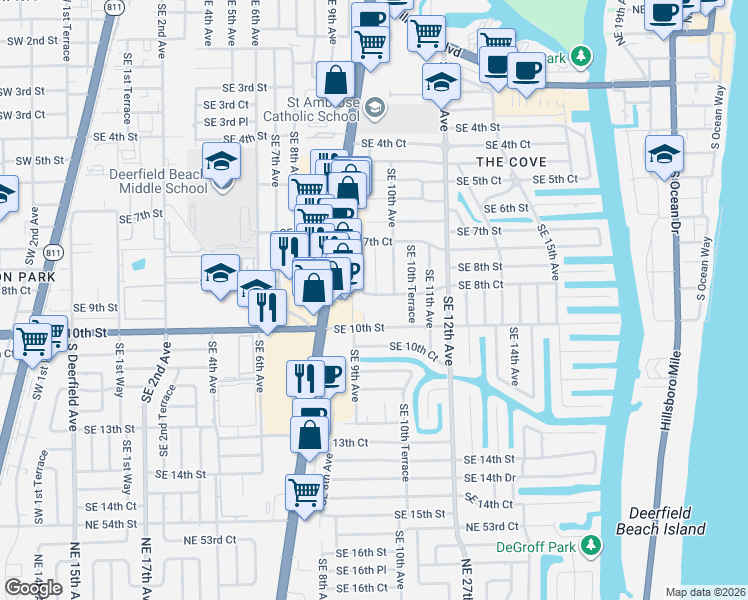 map of restaurants, bars, coffee shops, grocery stores, and more near 923 Southeast 10th Street in Deerfield Beach