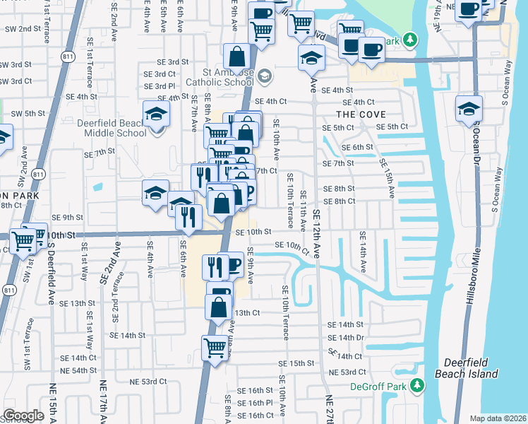 map of restaurants, bars, coffee shops, grocery stores, and more near 912 Southeast 8th Court in Deerfield Beach