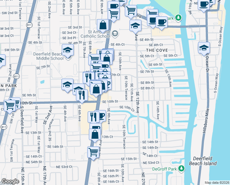 map of restaurants, bars, coffee shops, grocery stores, and more near 912 Southeast 8th Court in Deerfield Beach