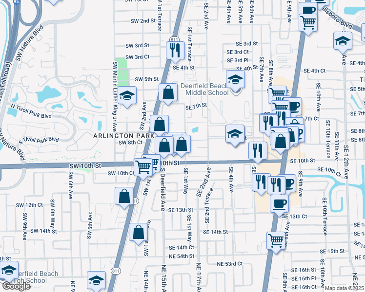 map of restaurants, bars, coffee shops, grocery stores, and more near 905 Southeast 1st Way in Deerfield Beach