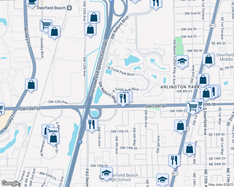 map of restaurants, bars, coffee shops, grocery stores, and more near 735 Tivoli Circle in Deerfield Beach