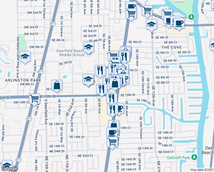 map of restaurants, bars, coffee shops, grocery stores, and more near 811 Southeast 10th Street in Deerfield Beach