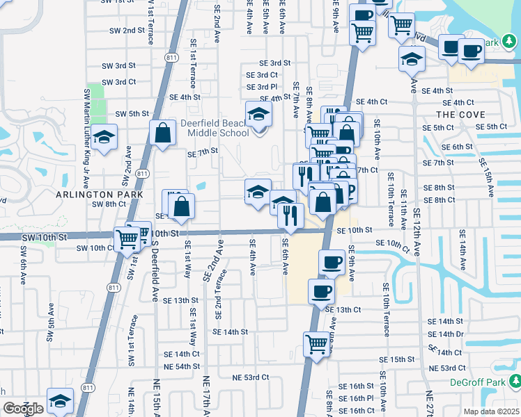 map of restaurants, bars, coffee shops, grocery stores, and more near 475 Southeast 8th Street in Deerfield Beach
