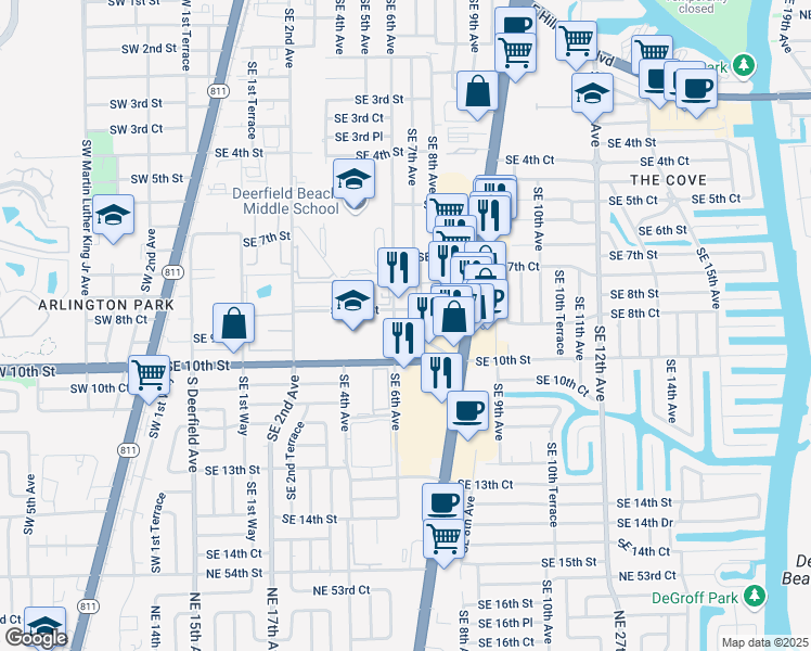 map of restaurants, bars, coffee shops, grocery stores, and more near 860 Southeast 6th Avenue in Deerfield Beach