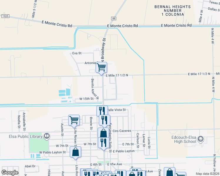 map of restaurants, bars, coffee shops, grocery stores, and more near 201 Los Laureles in Edcouch