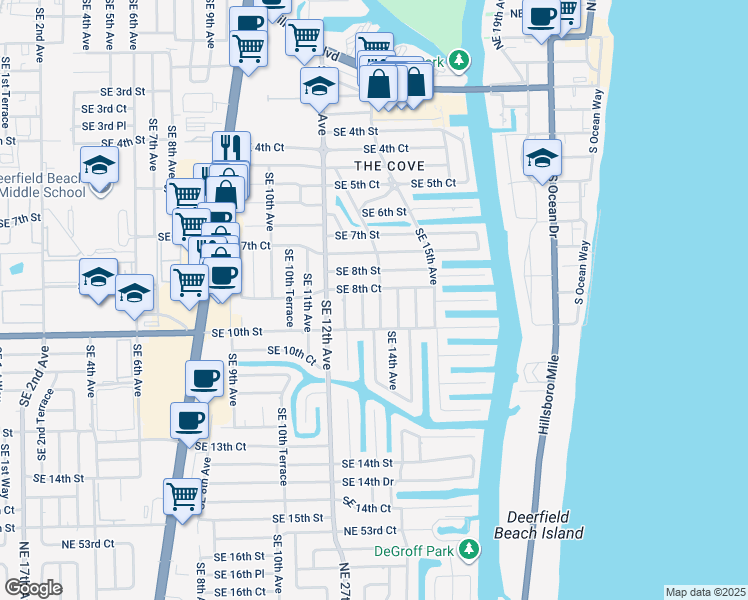 map of restaurants, bars, coffee shops, grocery stores, and more near 832 Southeast 13th Avenue in Deerfield Beach