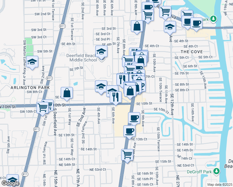 map of restaurants, bars, coffee shops, grocery stores, and more near 750 Southeast 6th Avenue in Deerfield Beach