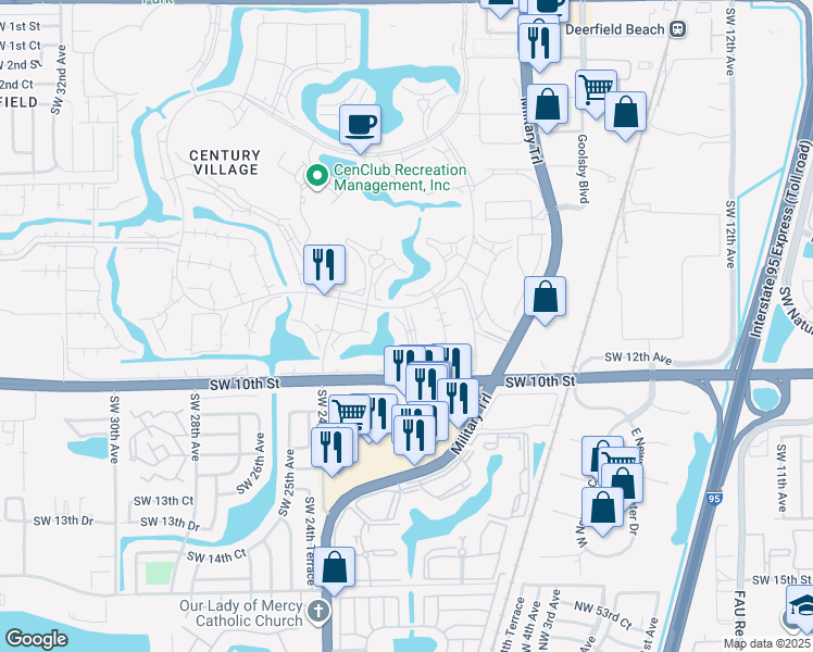 map of restaurants, bars, coffee shops, grocery stores, and more near 309 Farnham M in Deerfield Beach