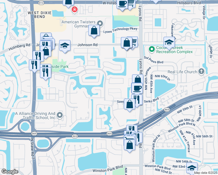 map of restaurants, bars, coffee shops, grocery stores, and more near 6427 Egret Terrace in Coconut Creek