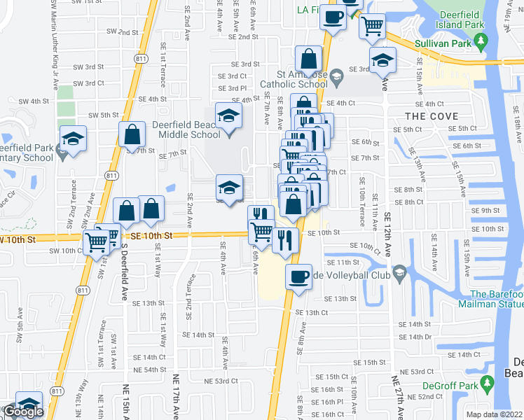 map of restaurants, bars, coffee shops, grocery stores, and more near 750 Southeast 6th Avenue in Deerfield Beach