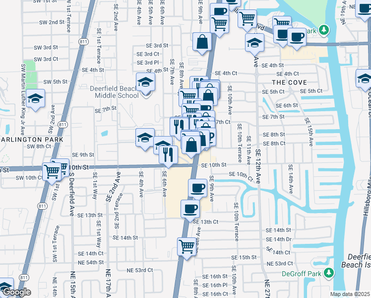 map of restaurants, bars, coffee shops, grocery stores, and more near 807 Southeast 8th Street in Deerfield Beach