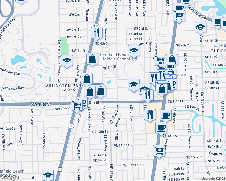 map of restaurants, bars, coffee shops, grocery stores, and more near 777r Southeast 2nd Avenue in Deerfield Beach
