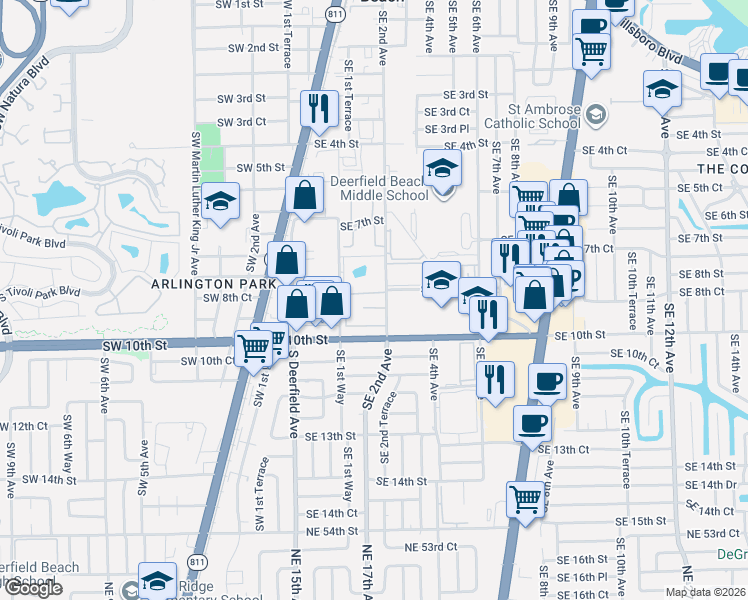 map of restaurants, bars, coffee shops, grocery stores, and more near 777r Southeast 2nd Avenue in Deerfield Beach