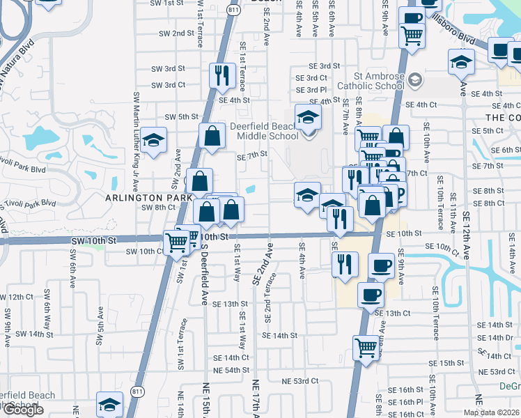 map of restaurants, bars, coffee shops, grocery stores, and more near 777r Southeast 2nd Avenue in Deerfield Beach