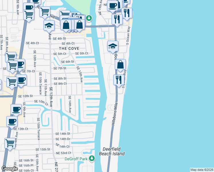 map of restaurants, bars, coffee shops, grocery stores, and more near 885 Southeast 19th Avenue in Deerfield Beach