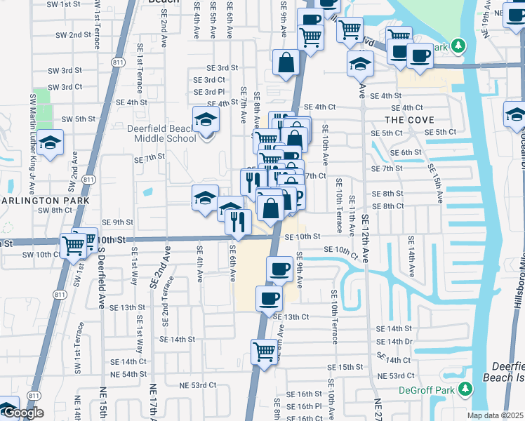 map of restaurants, bars, coffee shops, grocery stores, and more near 807 Southeast 8th Street in Deerfield Beach
