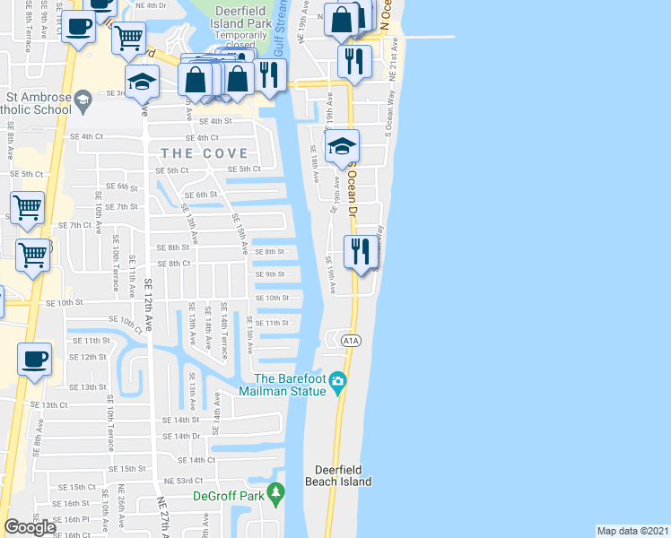 map of restaurants, bars, coffee shops, grocery stores, and more near 815 Southeast 19th Avenue in Deerfield Beach