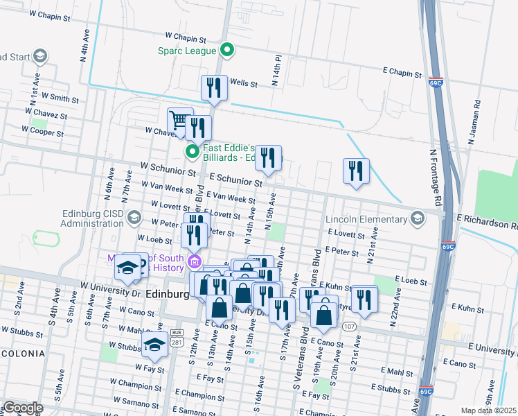 map of restaurants, bars, coffee shops, grocery stores, and more near 701 North 15th Avenue in Edinburg