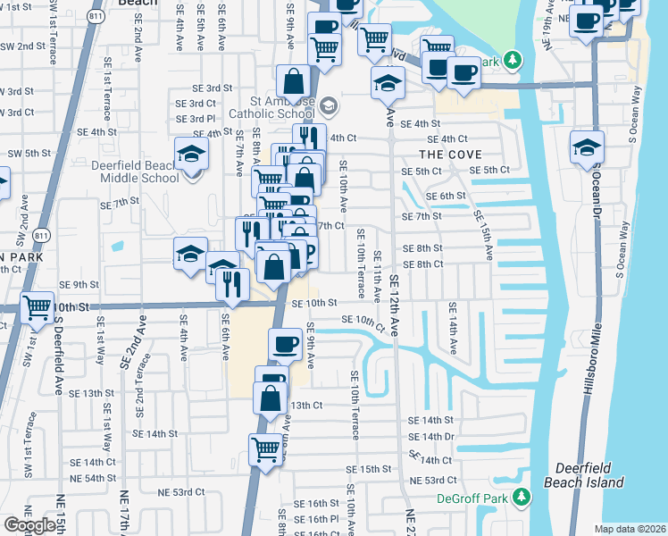 map of restaurants, bars, coffee shops, grocery stores, and more near 806 Southeast 9th Avenue in Deerfield Beach