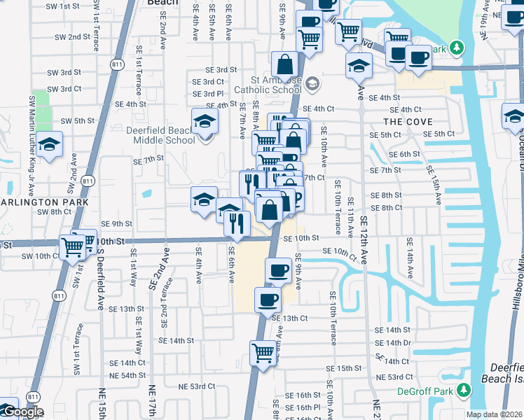 map of restaurants, bars, coffee shops, grocery stores, and more near 807 Southeast 8th Street in Deerfield Beach