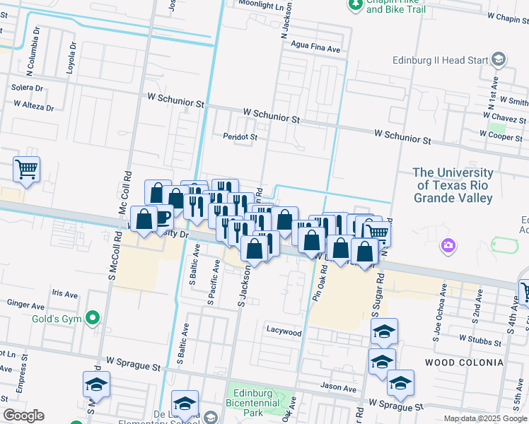 map of restaurants, bars, coffee shops, grocery stores, and more near 222 South Jackson Road in Edinburg