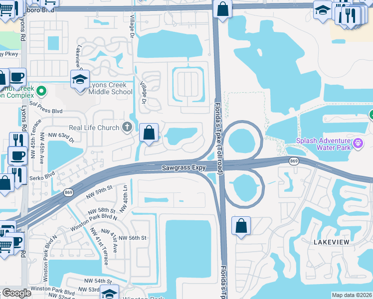 map of restaurants, bars, coffee shops, grocery stores, and more near 3816 Northwest 62nd Court in Coconut Creek