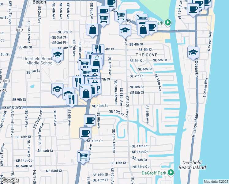 map of restaurants, bars, coffee shops, grocery stores, and more near 804 Southeast 10th Avenue in Deerfield Beach