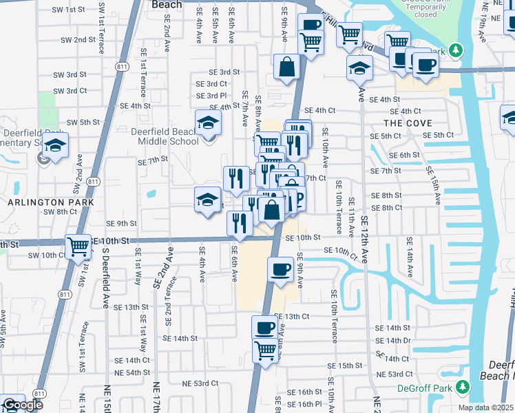 map of restaurants, bars, coffee shops, grocery stores, and more near 807 Southeast 8th Street in Deerfield Beach