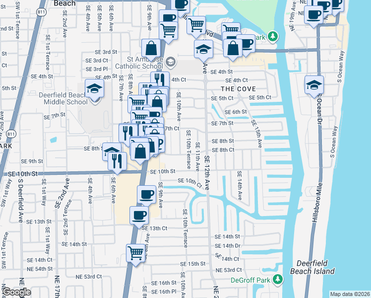map of restaurants, bars, coffee shops, grocery stores, and more near 804 Southeast 10th Avenue in Deerfield Beach