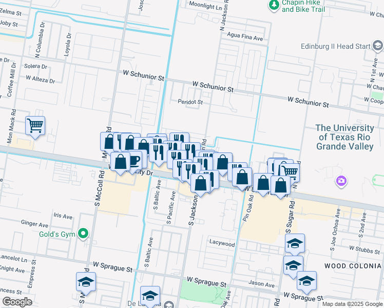 map of restaurants, bars, coffee shops, grocery stores, and more near 2110 Elisa Lane in Edinburg