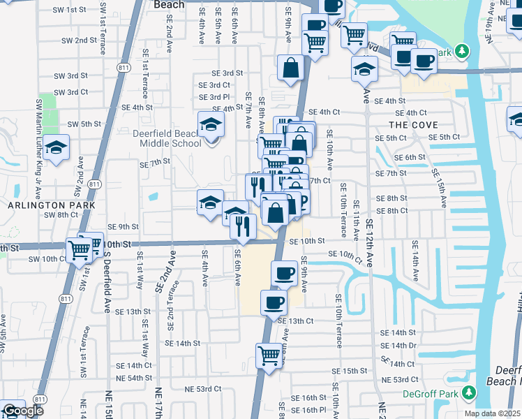 map of restaurants, bars, coffee shops, grocery stores, and more near 807 Southeast 8th Street in Deerfield Beach