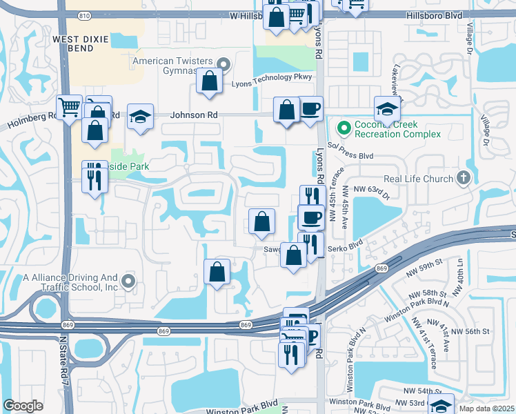 map of restaurants, bars, coffee shops, grocery stores, and more near 4949 Egret Court in Coconut Creek