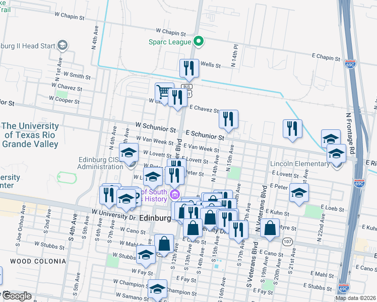 map of restaurants, bars, coffee shops, grocery stores, and more near 202 East Van Week Street in Edinburg