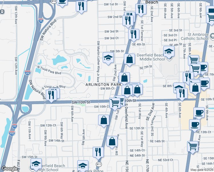 map of restaurants, bars, coffee shops, grocery stores, and more near 224 Southwest 8th Street in Deerfield Beach