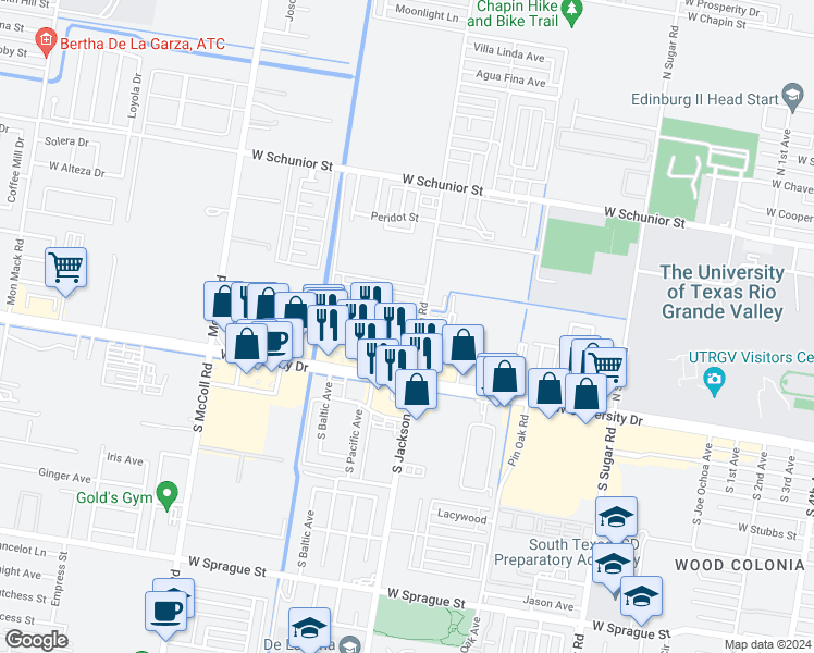 map of restaurants, bars, coffee shops, grocery stores, and more near 2102 Elisa Lane in Edinburg