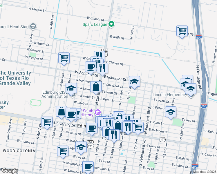 map of restaurants, bars, coffee shops, grocery stores, and more near 202 East Van Week Street in Edinburg
