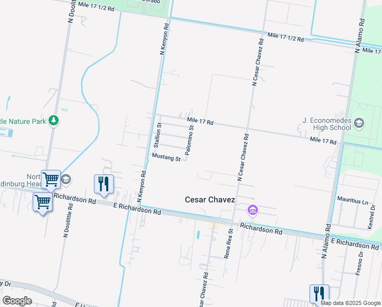 map of restaurants, bars, coffee shops, grocery stores, and more near 1304 Palomino Street in Edinburg