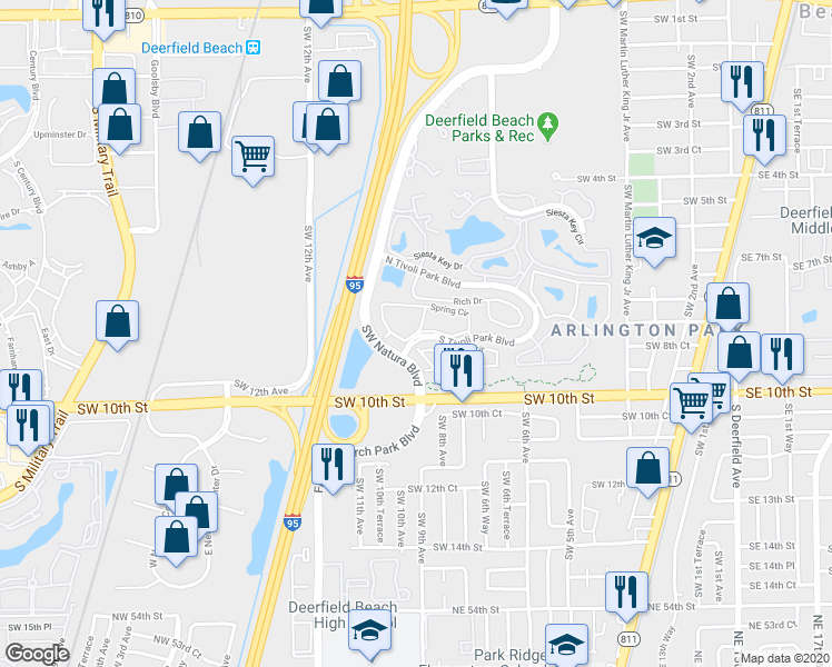 map of restaurants, bars, coffee shops, grocery stores, and more near 977 Spring Circle in Deerfield Beach