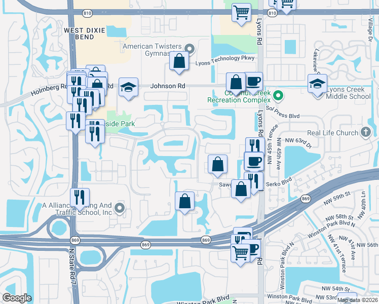 map of restaurants, bars, coffee shops, grocery stores, and more near 5006 Mallards Court in Coconut Creek