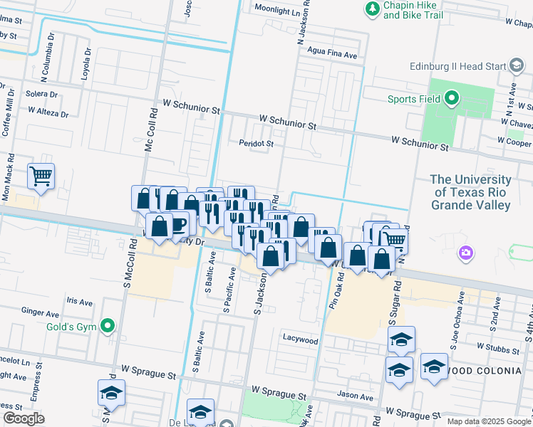 map of restaurants, bars, coffee shops, grocery stores, and more near 2110 Elisa Lane in Edinburg