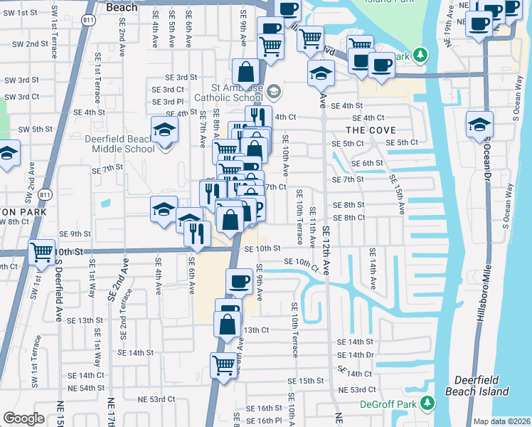 map of restaurants, bars, coffee shops, grocery stores, and more near 806 Southeast 9th Avenue in Deerfield Beach