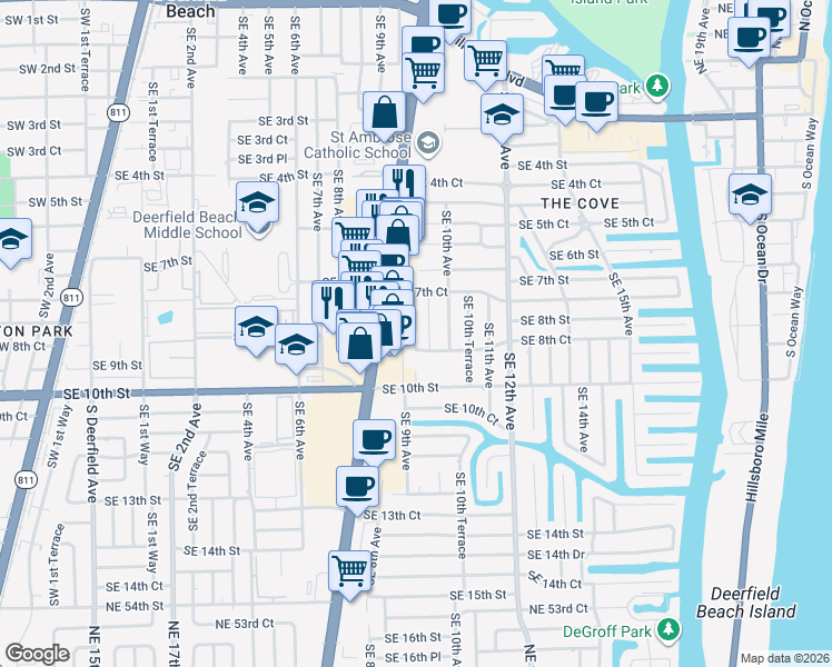 map of restaurants, bars, coffee shops, grocery stores, and more near 806 Southeast 9th Avenue in Deerfield Beach