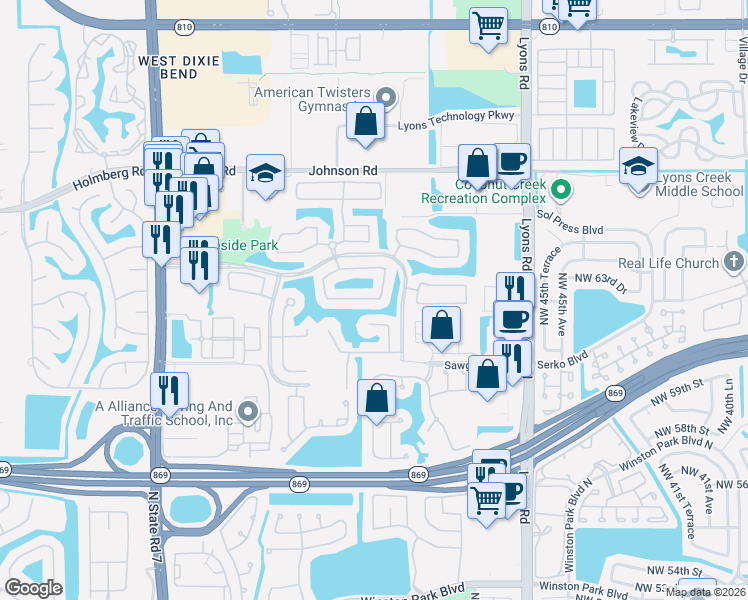map of restaurants, bars, coffee shops, grocery stores, and more near 5006 Mallards Court in Coconut Creek